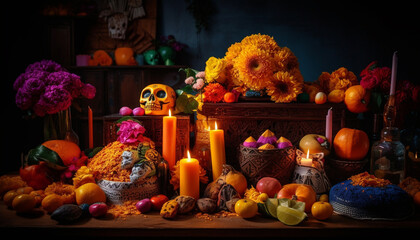 Spooky Halloween decoration with pumpkin, candle, and multi colored backgrounds generated by AI