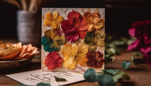 Rustic bouquet on wooden desk, vibrant colors bring home relaxation generated by AI