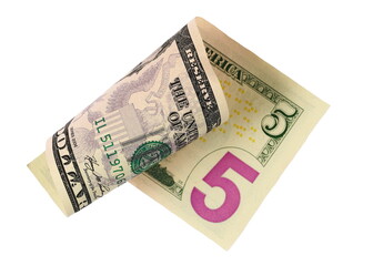 Flying five dollar bill isolated on white, clipping path