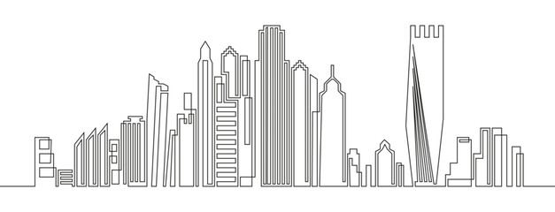 Cityscape continuous one line vector. Linear, hand drawing of houses, skyscrapers. Horizontal panoramic, urban landscape of metropolis architecture silhouette.