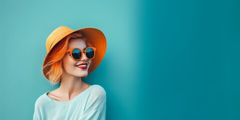 orange-haired woman in front of a blue background, with a copy space. Summer - obrazy, fototapety, plakaty