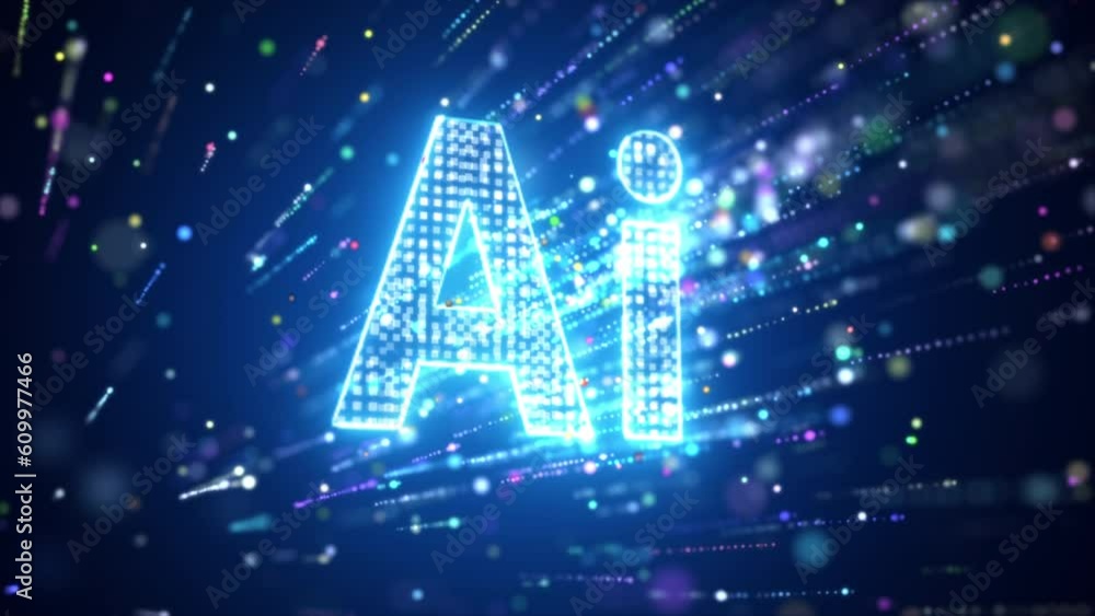Poster 3d rendering ai text with particle background. artificial intelligence cyber and technology concept.