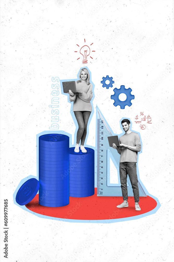 Poster vertical collage of two mini black white colors people use netbook big pile stack money coins light 