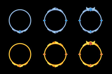 set collection circle golden and silver frames for rpg game avatars, border game with gemstone decorations