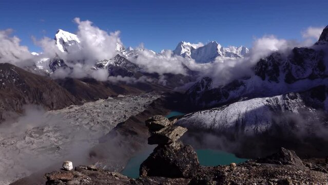 Himalaya range landscape from Gokyo ri 
Long shot view from Nepal with lake and clear blue sky and glacier
