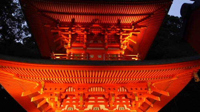 Japanese illuminated Pagoda in traditional, historical Temple in Suma, Japan