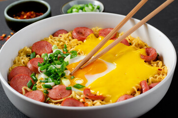 Ramen Noodles with Sausages, Egg, Melted Cheese and Scallion, Microwave Shin Ramyeon or Ramyun on Dark Background