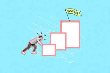 Collage picture of black white effect mini guy arms push cube climb top success destination goal...