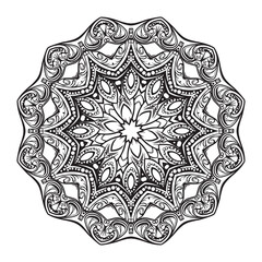 Floral filigree mandala for coloring book, circle ornament, psychedelic illustration, black line art on white background