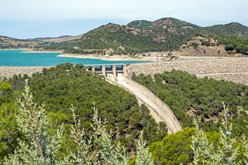 Dams in Andalucia, Southern Spain, suffering from water shortage and low water levels; seen from the Tres Embalses (three dams) viewpoint on the Guadalhorce river