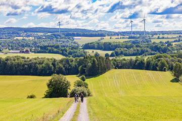 Hikers walking on a dirt road in the countryside