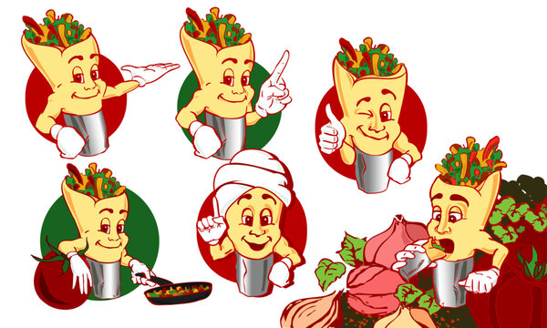 Personaje de dibujo animado de  shawarma en distintas poses, comida &aacute;rabe, ilustraci&oacute;n de vector