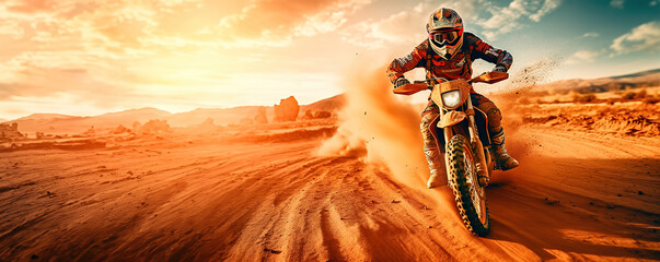 Extreme Motocross MX Rider riding on Sand track , desert on the background.  - obrazy, fototapety, plakaty