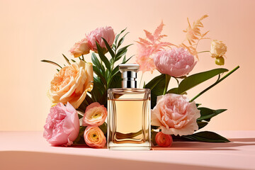 Bottle of perfume with flowers on color background, generative ai