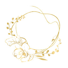 Linear vector gold monograms and floral border, Design for invitations. Gold frame. Botanical line art silhouette golden leaves. Vector Gold floral. Place for your text. Floral frame set