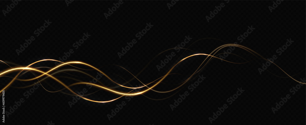 Aufkleber Golden glowing swirl. The effect of moving at the speed of light. Easy trail. Shiny wavy path. Vector.Neon light.