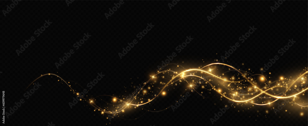 Aufkleber Golden glowing swirl. The effect of moving at the speed of light. Easy trail. Shiny wavy path. Vector.Neon light.