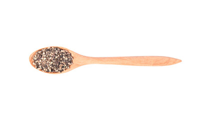 Black pepper and ground pepper in wooden spoon on transparent png.