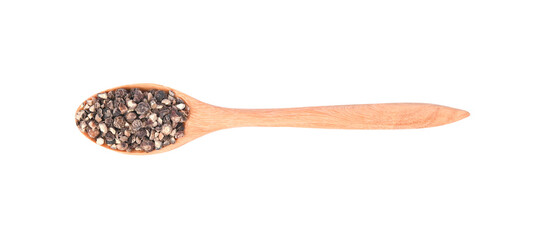 Black pepper and ground pepper in wooden spoon on transparent png.