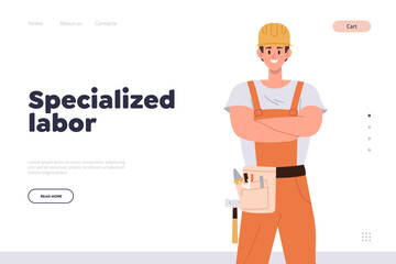 Specialized labor landing page design template with friendly smiling repairman character with tools
