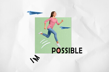 Collage picture of positive girl running flying paper planes break stereotype i'm possible impossible is nothing isolated on white background