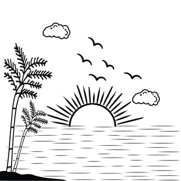 Summer sunset tropical beach line art vector illustration, hand drawn sunset and sunrise outline landscape tropical beach, palm tree with sunset waves Nature view, Kids drawing Beach coloring pages 

