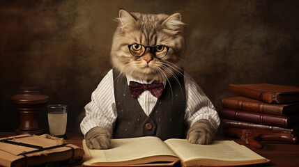 Funny cat professor at school, university, college, with books, in a suit and glasses against the background of the blackboard. Back to School, Knowledge Day, September 1. AI generated.
