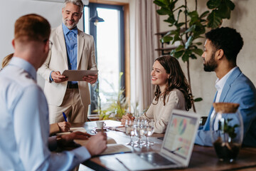 Mature businessman giving a presentation in a business meeting.