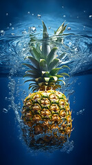 pineapple in water, fruit splash, generative ai