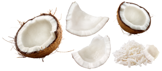 pedaços de coco quebrado e raspas de coco isolado em fundo transparente - coco quebrado e coco ralado