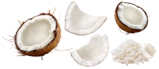 Foto op Canvas pedaços de coco quebrado e raspas de coco isolado em fundo transparente - coco quebrado e coco ralado © WP!