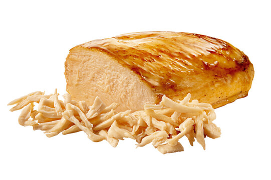 peda&ccedil;o de peito de frango e frango desfiado isolado em fundo transparente - peito de frango desfiado