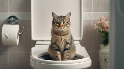 The cat relieves itself, pees, cat litter in an apartment, house. toilet AI generated.