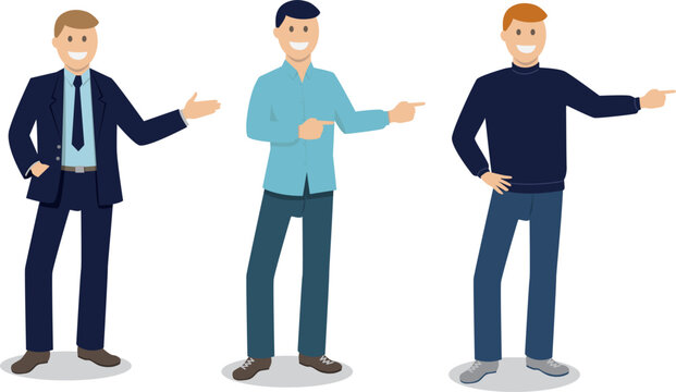 illustration vectorielle montrant un ensemble de personnages qui indiquent une direction en faisant un signe de la main. Ils pointent du doigt