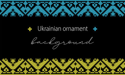 Ukrainian vector background, banner, poster.Traditional folk, ethnic ornament. Border in yellow and blue Ukrainian flag colors. Pixel art, vyshyvanka, cross stitch - obrazy, fototapety, plakaty