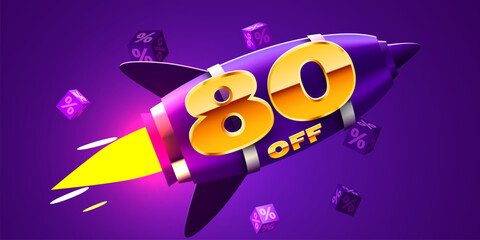 80 percent Off. Discount creative composition with rocket. Mega Sale.