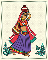 Graceful Elegance: Madhubani Painting of a Beautiful Indian Lady with Water Pot. Madhubani art, Contemporary Art, Indian Paintings, Wall Paintings, Modern Art Paintings. 
