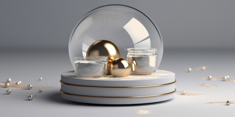 Snow globe with golden balls on white podium. 3D render illustration Generative AI