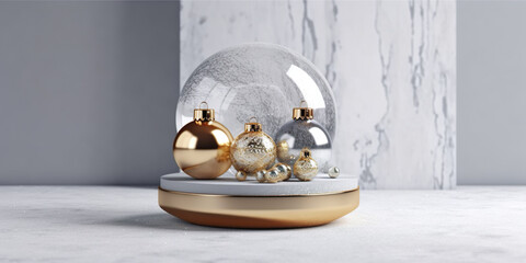 Christmas baubles and snow globe on concrete background. 3D rendering Generative AI