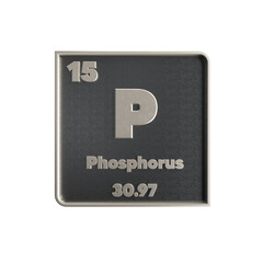  Phosphorus  chemical element  black and metal  icon  with  atomic mass and atomic number. 3d render illustration.
