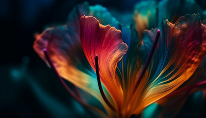 Abstract macro flower in vibrant colors on glowing tropical backdrop generated by AI
