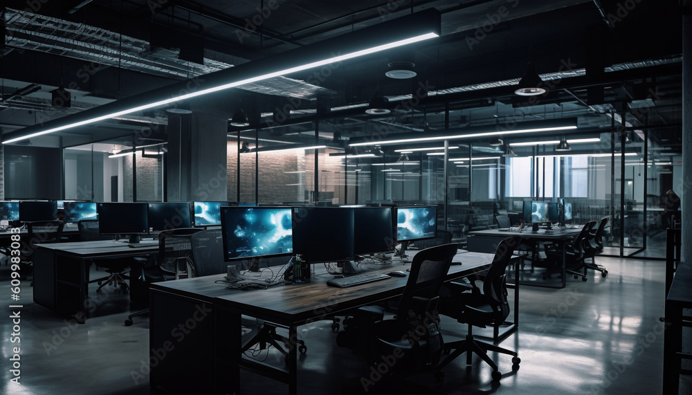 Poster modern office with bright computer lab, futuristic design professional working generated by ai