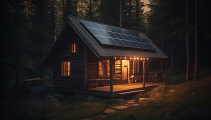 Rustic log cabin illuminated by sunlight with solar panel technology generated by AI
