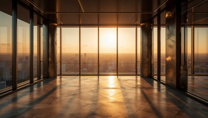 Fototapeta premium Modern office with glass walls and steel flooring reflects cityscape generated by AI