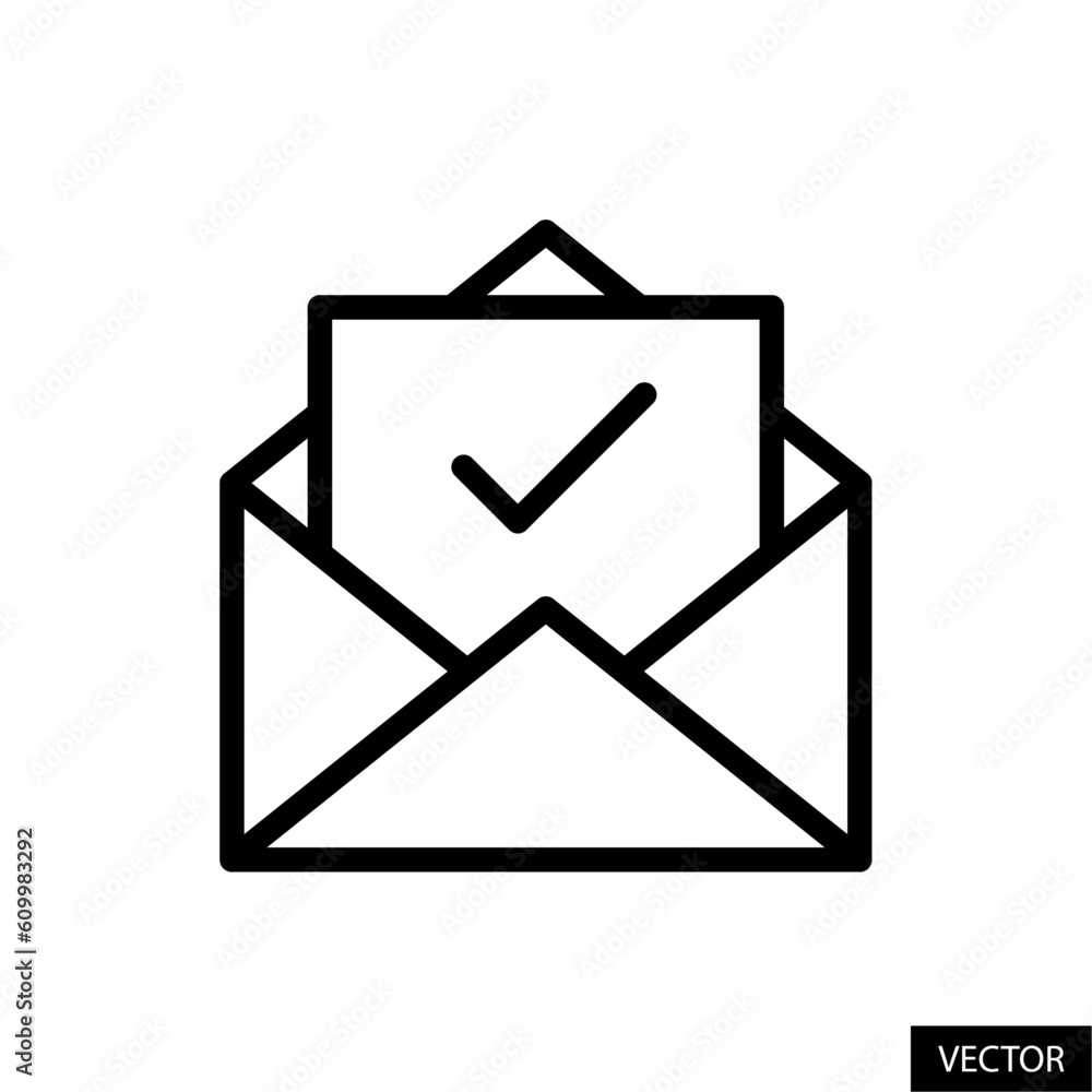 Poster open envelope with tick mark, mail and check mark symbol, mark as read, email icon in line style des