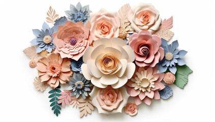 Paper flowers on white background, top view. Floral background. Generative AI
