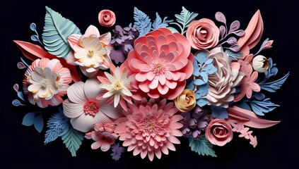 Paper flowers in the form of a bouquet on a dark background. Generative AI