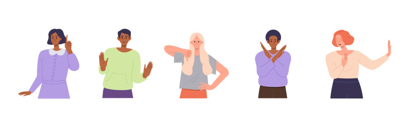 Fototapeta premium Set of different cartoon people character showing negative gesture and refusal, denial hand sign