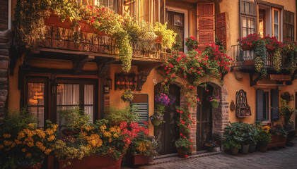 Fototapeta na wymiar Rustic flower pot decorates old building exterior in green residential district generated by AI