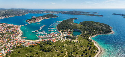 Aerial panoramic view of yachts at Marina Frapa resort in Rogoznica, Croatia